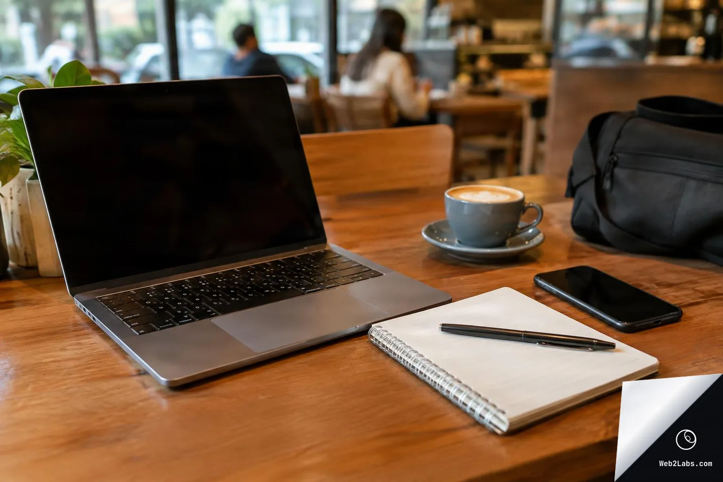 Open laptop with a blank screen on a wooden cafe table next to a notebook and pen, a smartphone, and a cup of cappuccino, with a blurred cafe interior in the background.