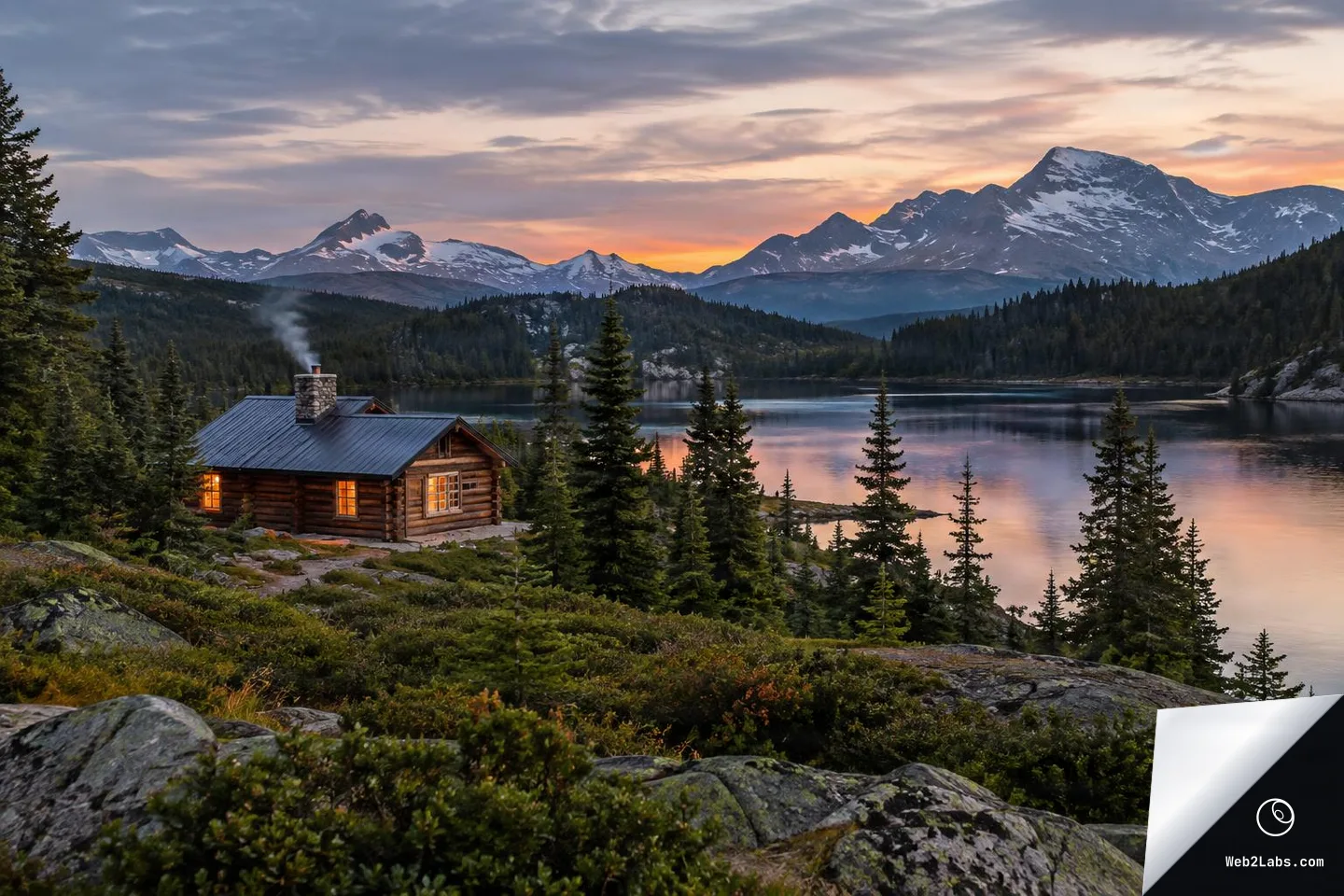 Wide view of a lit log cabin with a smoking chimney on a rocky hillside beside a calm lake, framed by evergreen trees, with snow-capped mountains and a colorful sunset sky in the background.