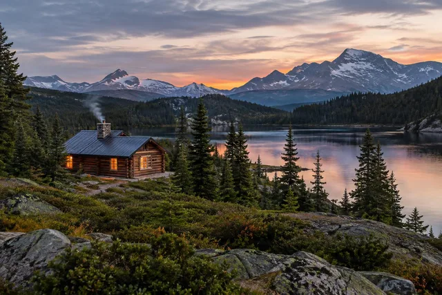 Lakeside Cabin at Alpine Sunset