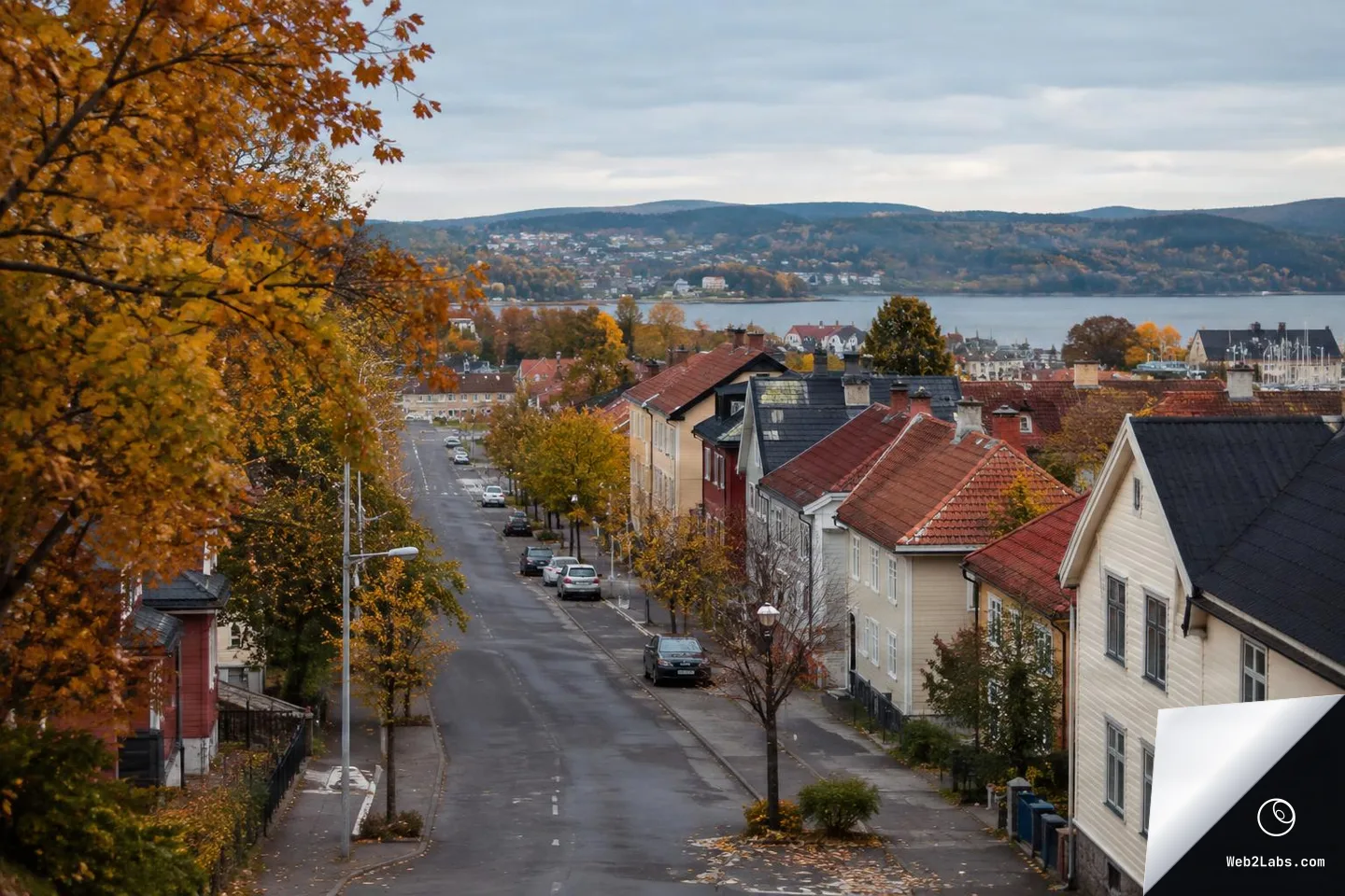 Elevated view of a quiet neighborhood street with parked cars, red-roofed houses, and orange autumn trees, looking toward a lake and wooded hills under a cloudy sky.