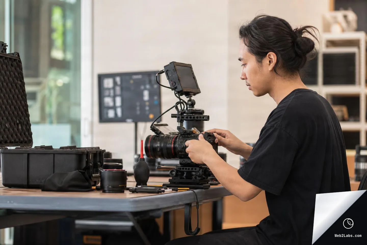 Side view of a person seated at a workbench adjusting a cinema camera rig with an external monitor, with lenses and hard cases on the table in a studio workspace.