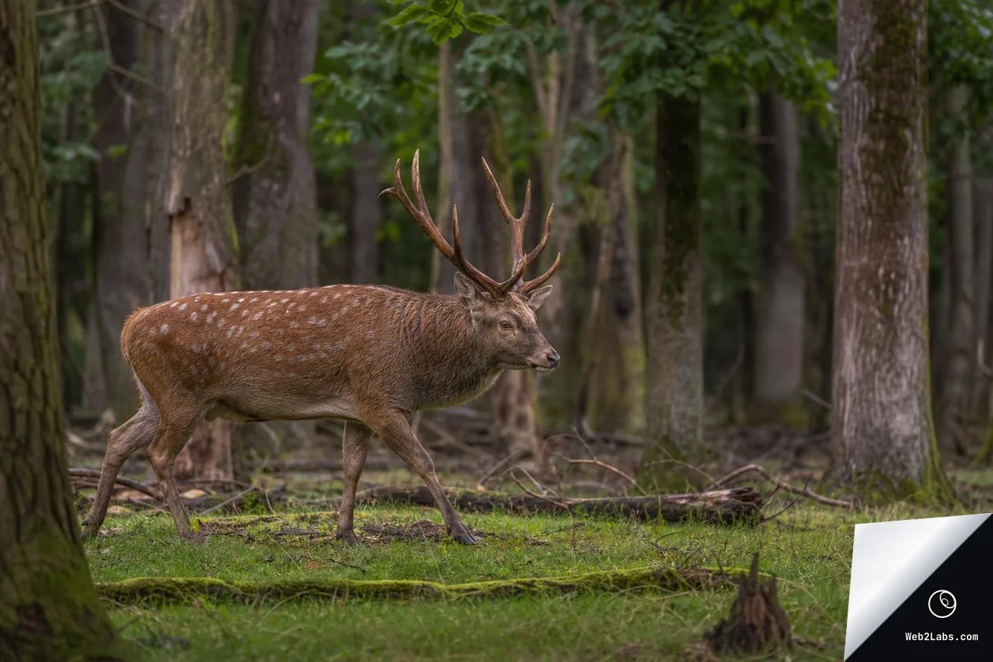 A stag with large antlers walks from left to right across a green forest clearing, with tall tree trunks and soft foliage in the background.
