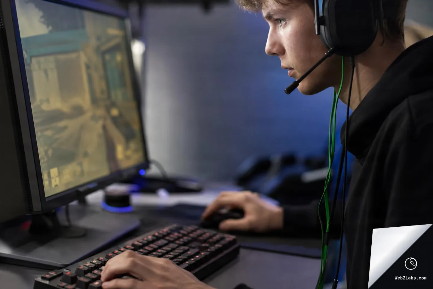 Side view of a young person wearing a gaming headset, focusing on a computer monitor while using a keyboard and mouse at a desk.