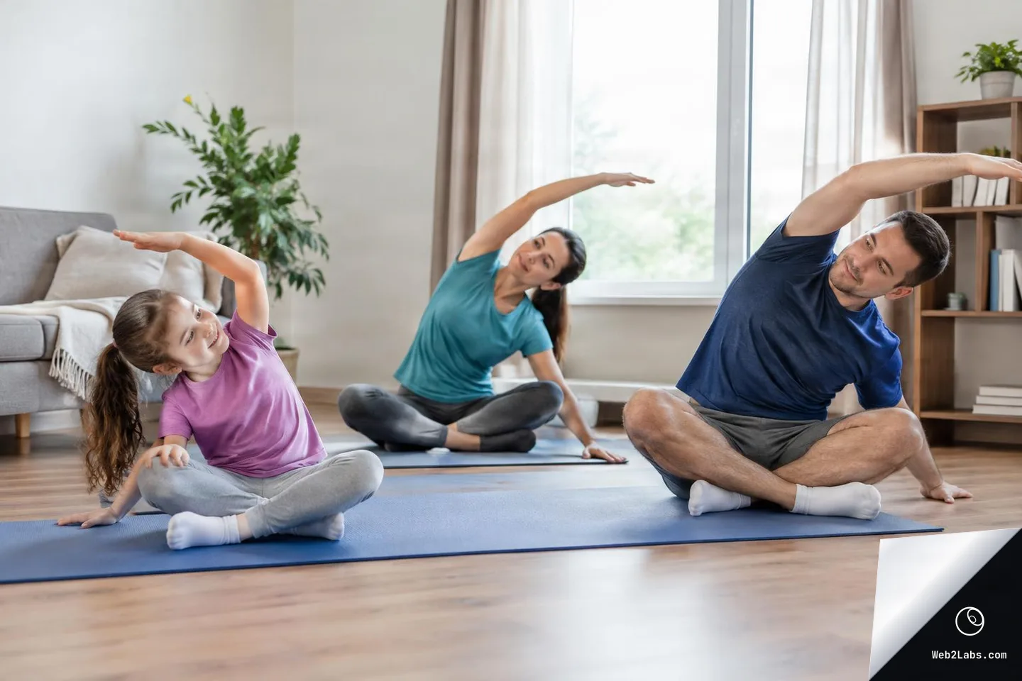 A father, mother, and young daughter sit cross-legged on yoga mats in a living room and perform a gentle side-bending stretch with one arm overhead.