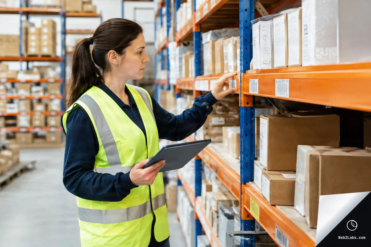 Warehouse worker in a high-visibility vest holds a tablet and checks barcode labels and boxes on metal storage shelves in a distribution aisle.