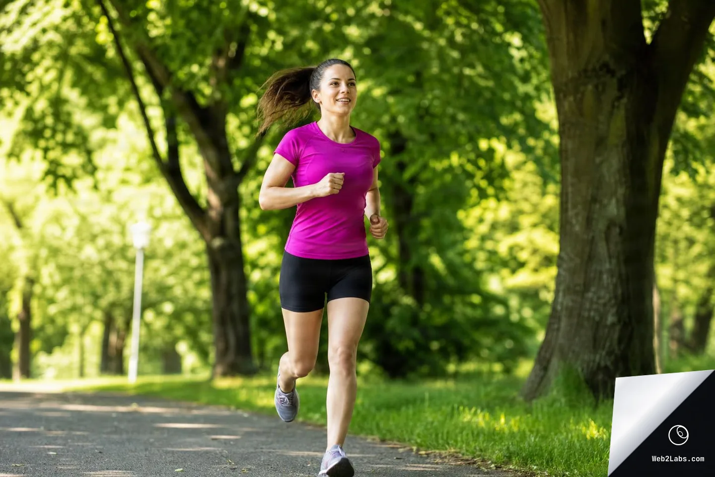 A woman in a bright pink shirt and black shorts jogs on a paved path in a green park with trees and sunlight in the background.