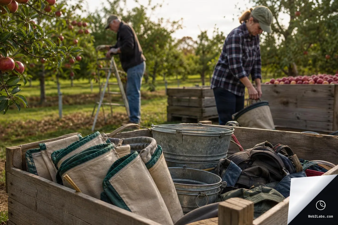 Picking bags, metal buckets, and gloves arranged in a wooden crate in an apple orchard, with two workers preparing in the background near apple trees and wooden bins.