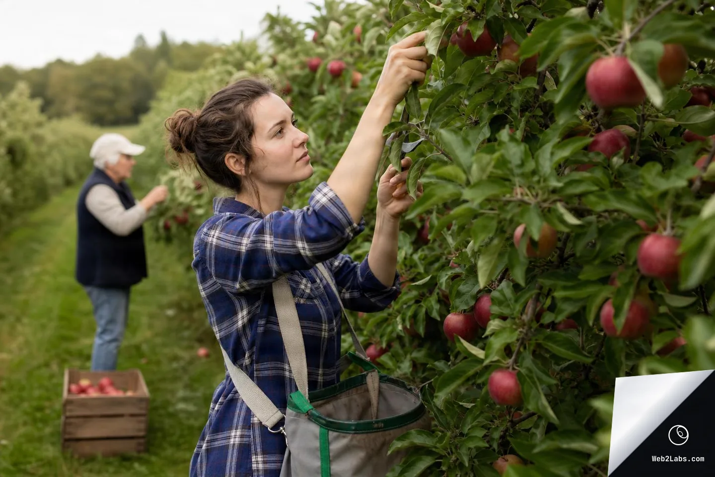 Woman in a plaid shirt harvests red apples from a tree row while wearing a canvas picking bag; a wooden crate of apples sits on the grass and an older man picks in the background.