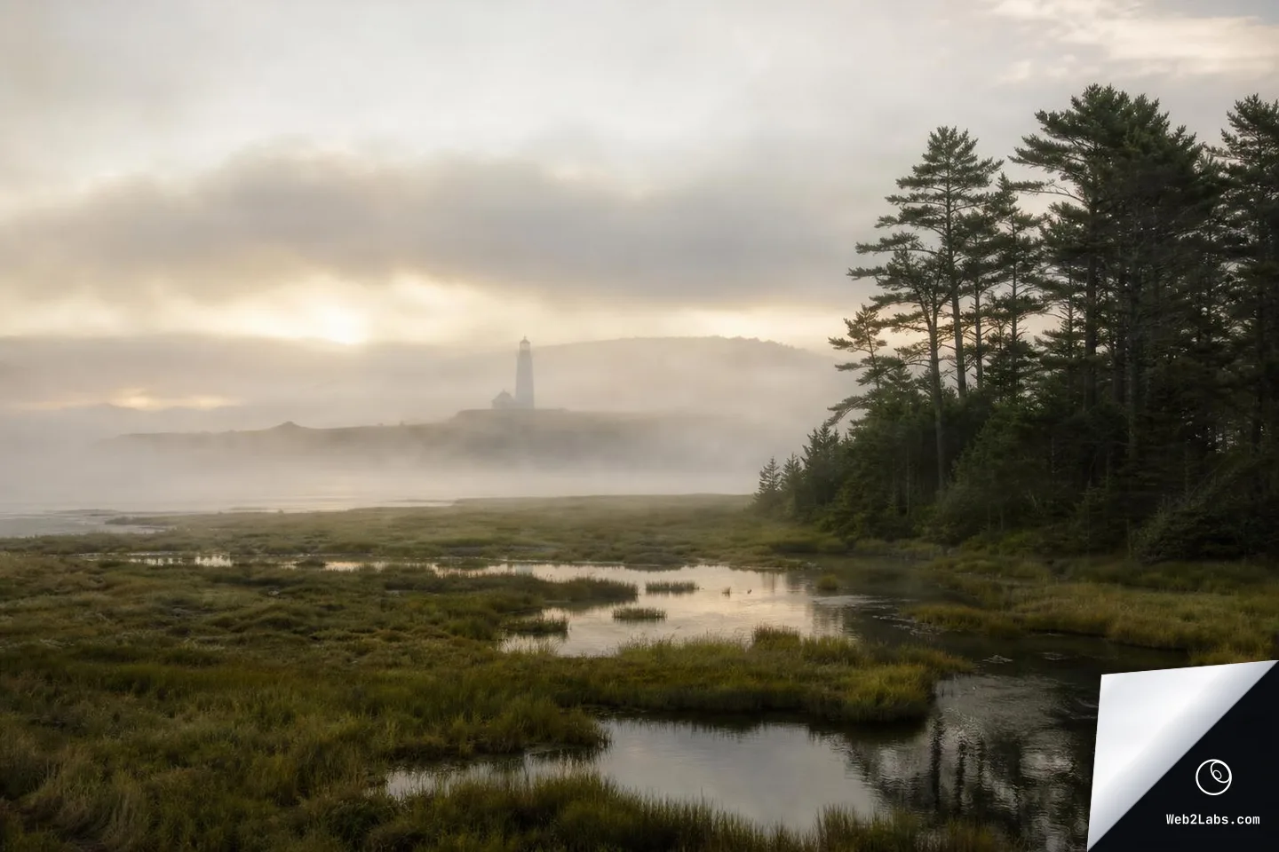 Wide landscape of a foggy marsh with winding water channels and grasses in the foreground, pine trees on the right, and a distant lighthouse silhouetted against a soft sunrise sky.