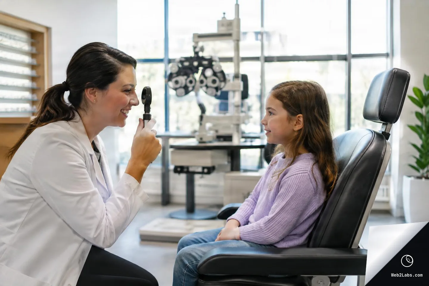 Optometrist in a white coat examines a young girl's eye with a handheld light while the child sits in an eye exam chair in a bright clinic with equipment in the background.