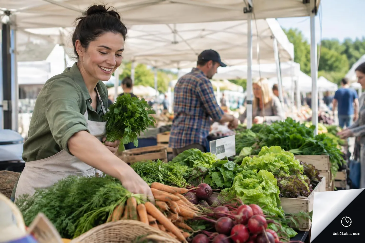 Smiling woman in an apron at an outdoor farmers market stall reaching toward carrots while holding a bunch of herbs, with crates of leafy greens and other shoppers under white canopy tents in the background.