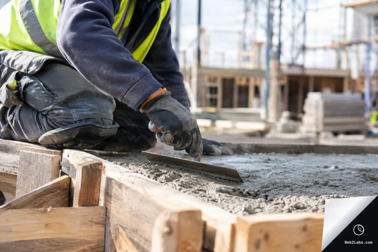 Close view of a construction worker in high-visibility gear using a hand trowel to smooth wet concrete inside wooden forms at an active building site.