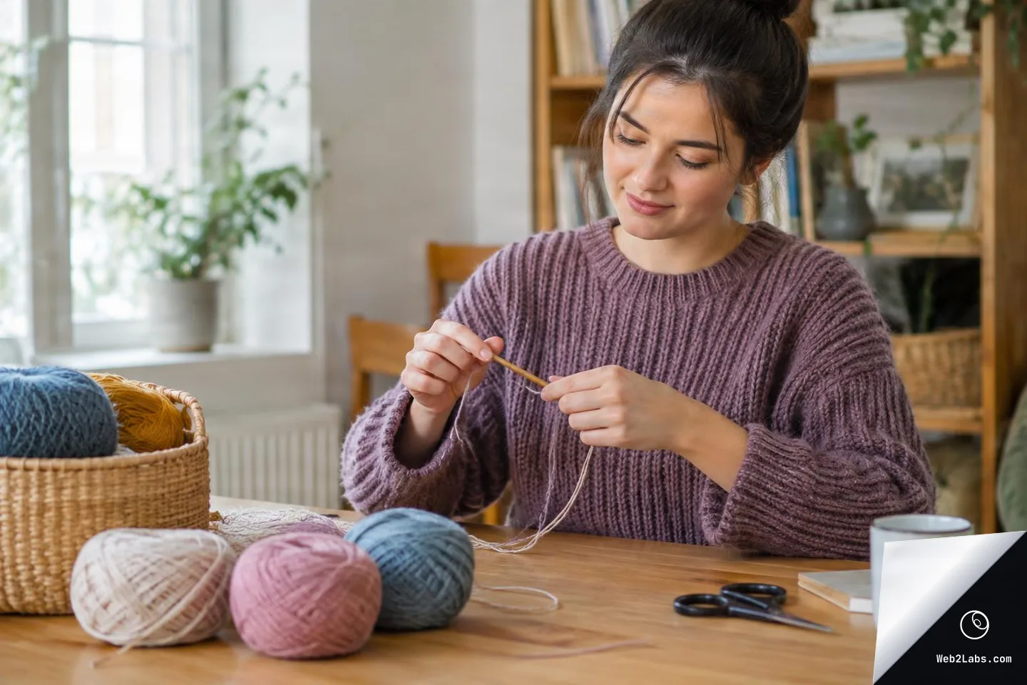 Woman sitting at a table holding knitting needles and yarn, with several yarn balls, scissors, and a mug on the table in a bright home interior.