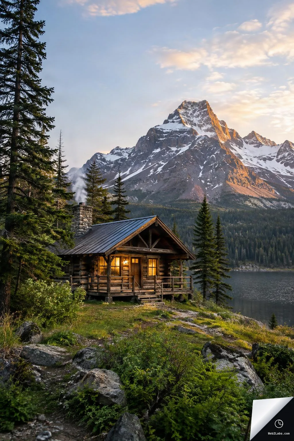 A small log cabin with warm glowing windows sits on a grassy rocky shore beside a lake, surrounded by pine trees, with a tall snow-capped mountain lit by sunset in the background under a partly cloudy sky.