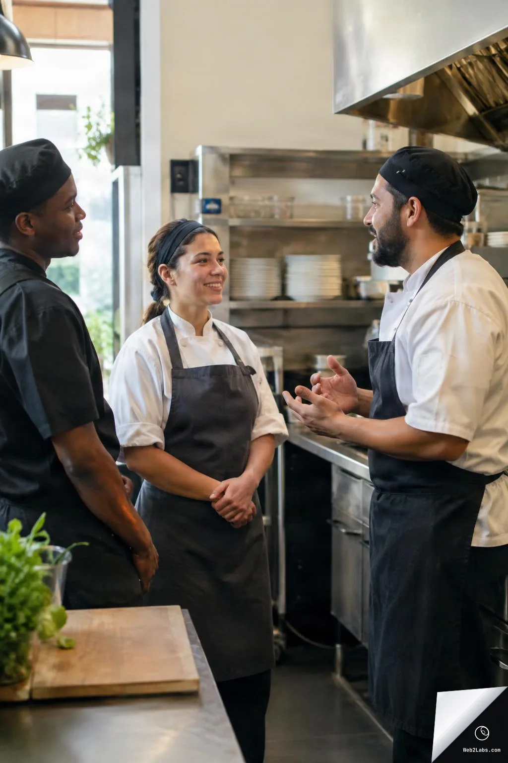 Three restaurant kitchen workers in uniforms talk in a commercial kitchen, shown from a side angle with stainless shelves and a prep counter in the foreground.