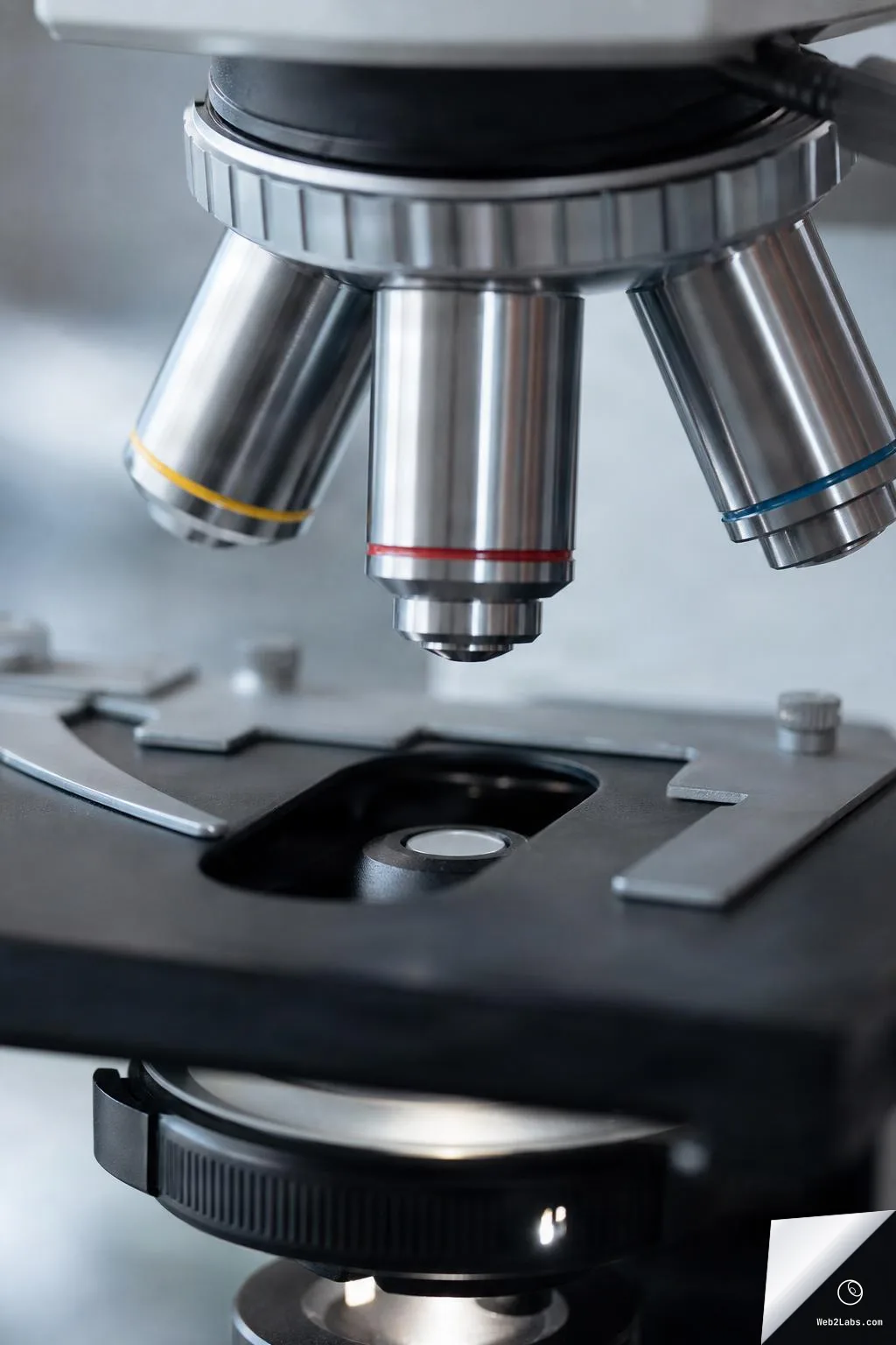 Close-up of a microscope objective lens turret above the stage, with colored bands on the lenses and a softly blurred lab background.