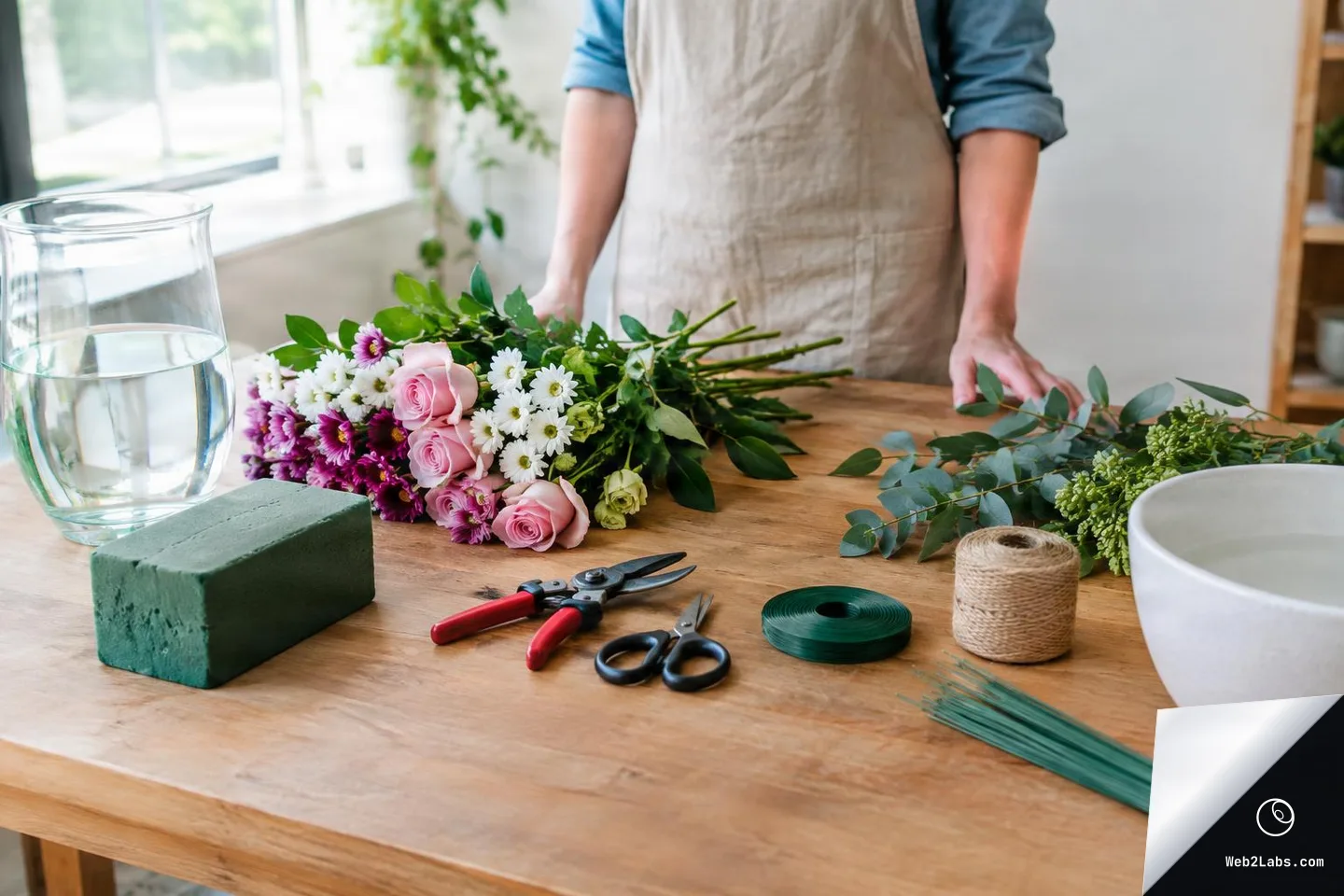 Aproned person behind a wooden table with bouquets of pink roses and mixed flowers, eucalyptus greenery, floral foam block, pruning shears, scissors, floral tape, twine, green stem wires, a glass vase of water, and a white ceramic bowl.