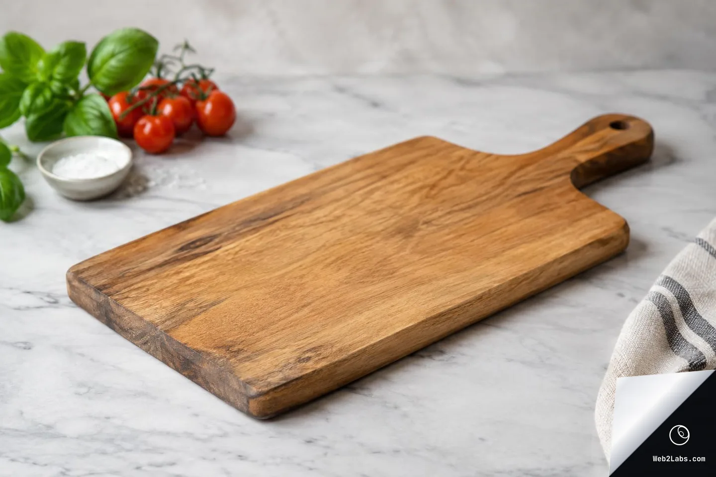 Wooden cutting board on a light marble countertop in a three-quarter view, with basil leaves, cherry tomatoes, and a small bowl of salt in the back left and a striped kitchen towel at the right edge.
