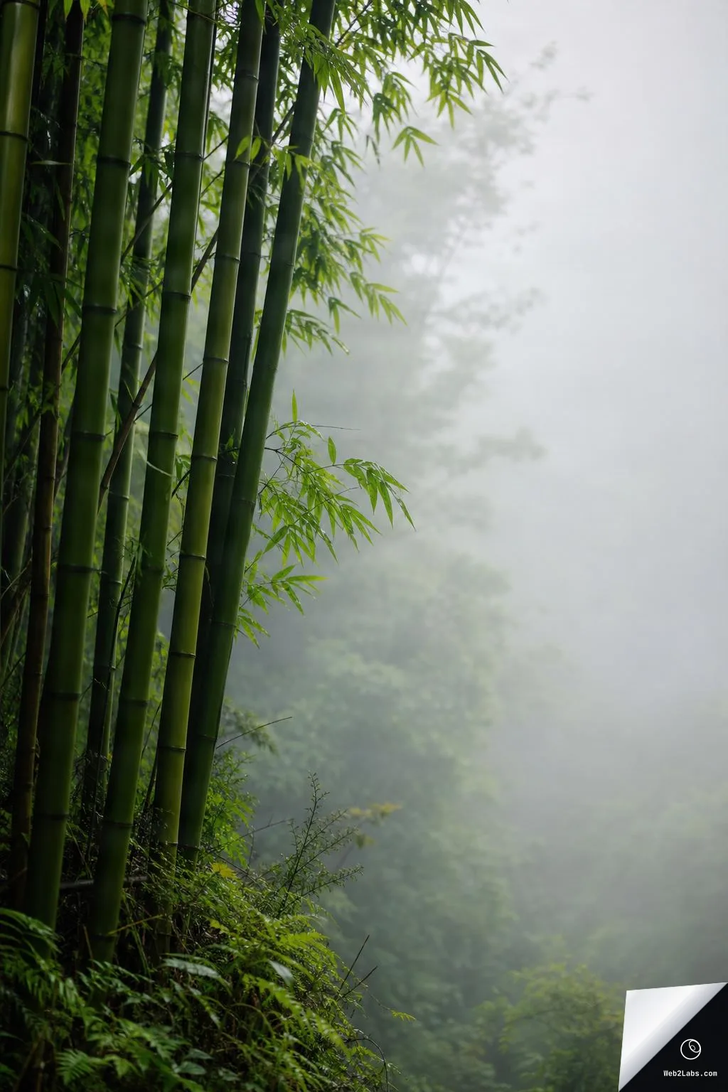 Tall green bamboo stalks and leaves along a forest slope on the left, with dense fog and softly blurred trees filling the open space on the right.