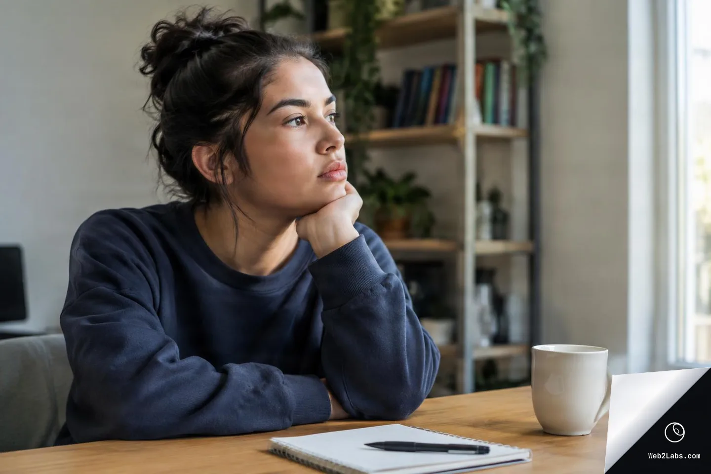 A young woman in a navy sweatshirt sits at a wooden table with a notebook, pen, and a white mug, resting her chin on her hand while looking out a window in a cozy room with shelves and plants.