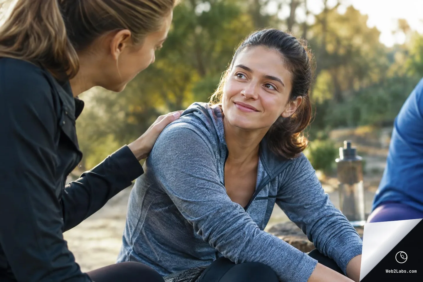 Two women sitting outdoors during a break, one touching the other's shoulder supportively while the other smiles; a water bottle sits in the background.