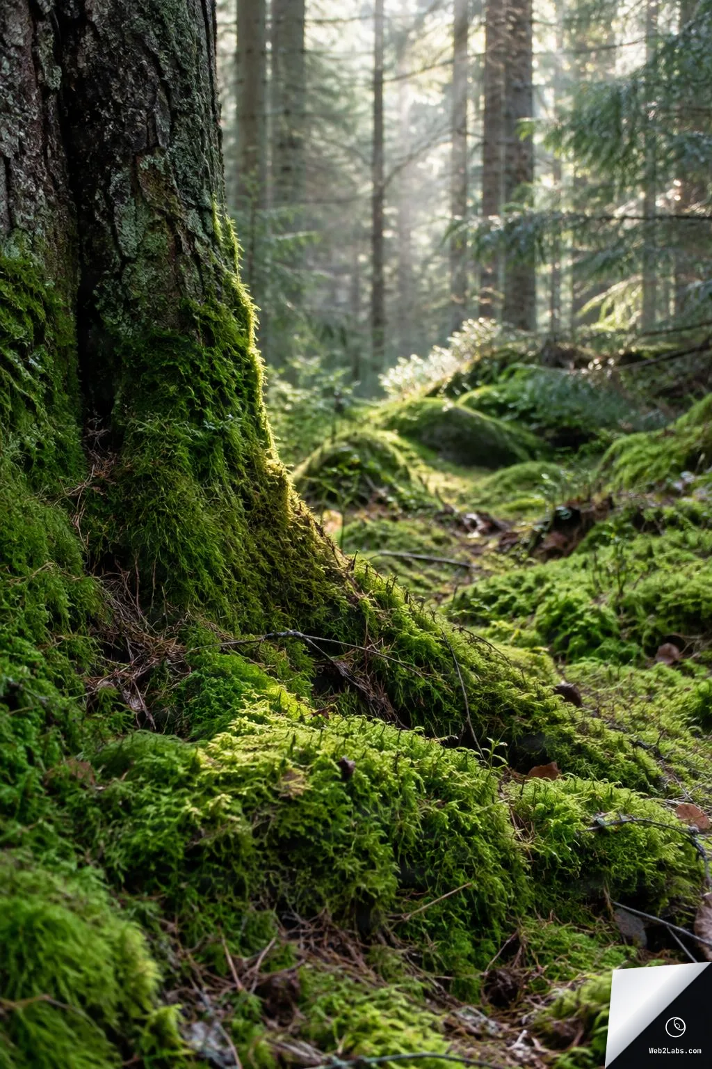 Vertical photo of a moss-covered tree trunk base in a conifer forest, with bright green moss on the forest floor and sunbeams filtering through trees in the background.