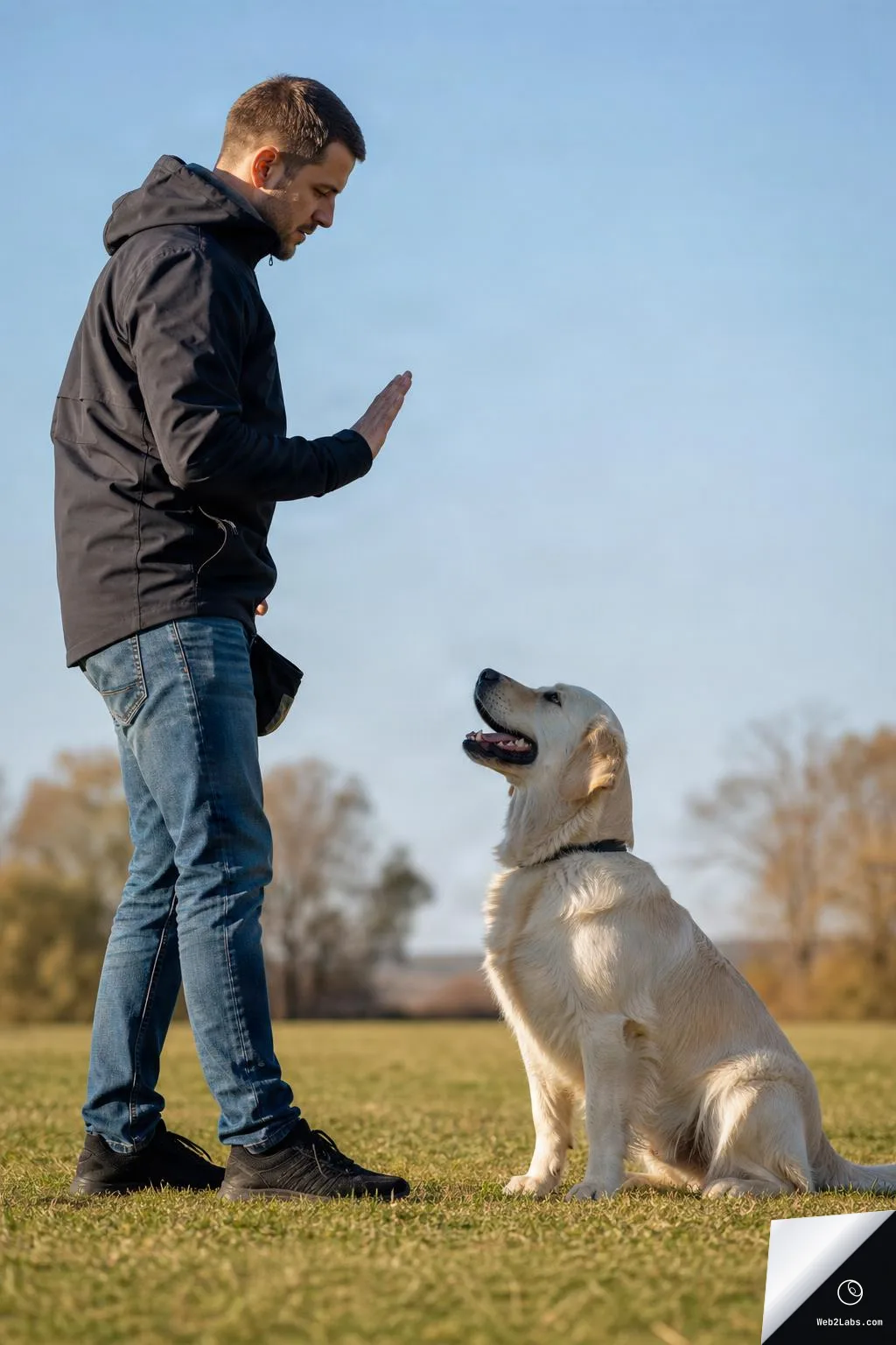 Man in a black jacket stands on a grassy field holding up a hand signal while a seated golden retriever looks up at him under a clear blue sky.
