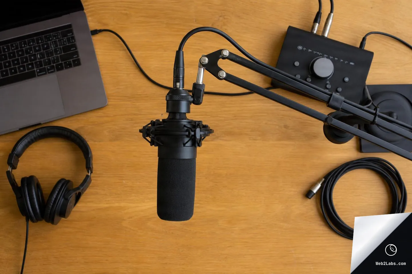 Top-down view of a podcast desk with a boom arm microphone and shock mount centered, headphones on the left, an audio interface at the upper right, and a coiled XLR cable on a wooden tabletop.
