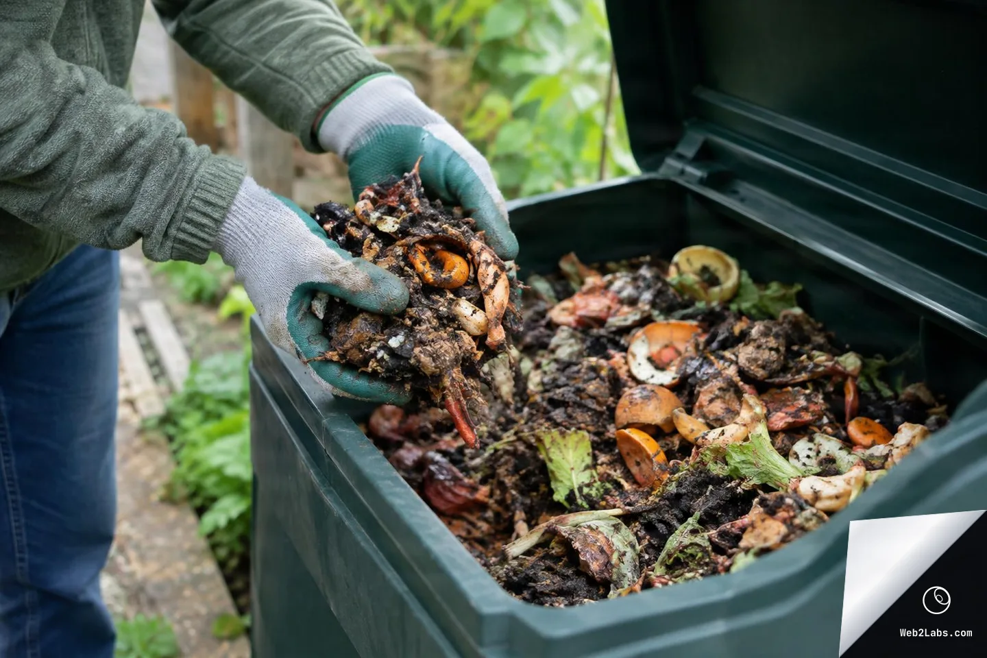 Gloved hands lift decomposing food scraps from an open outdoor compost bin, with fruit peels and leaves visible inside.