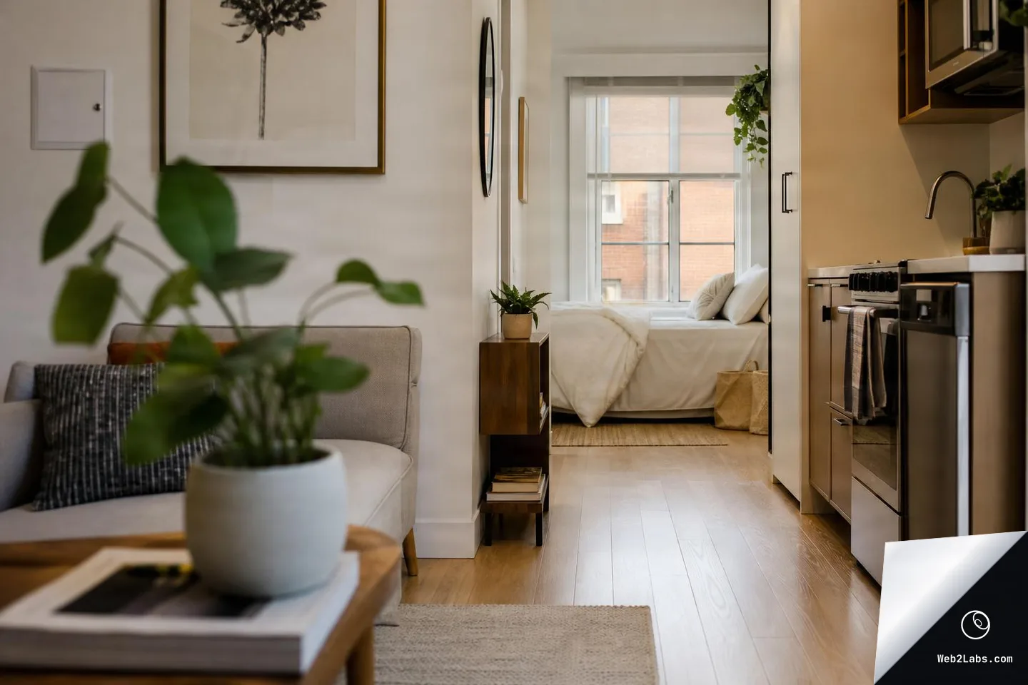 Depth-focused view through a small studio apartment with a blurred potted plant in the foreground, a sofa and wall art on the left, a narrow kitchenette on the right, and a bed beneath a large window at the back.