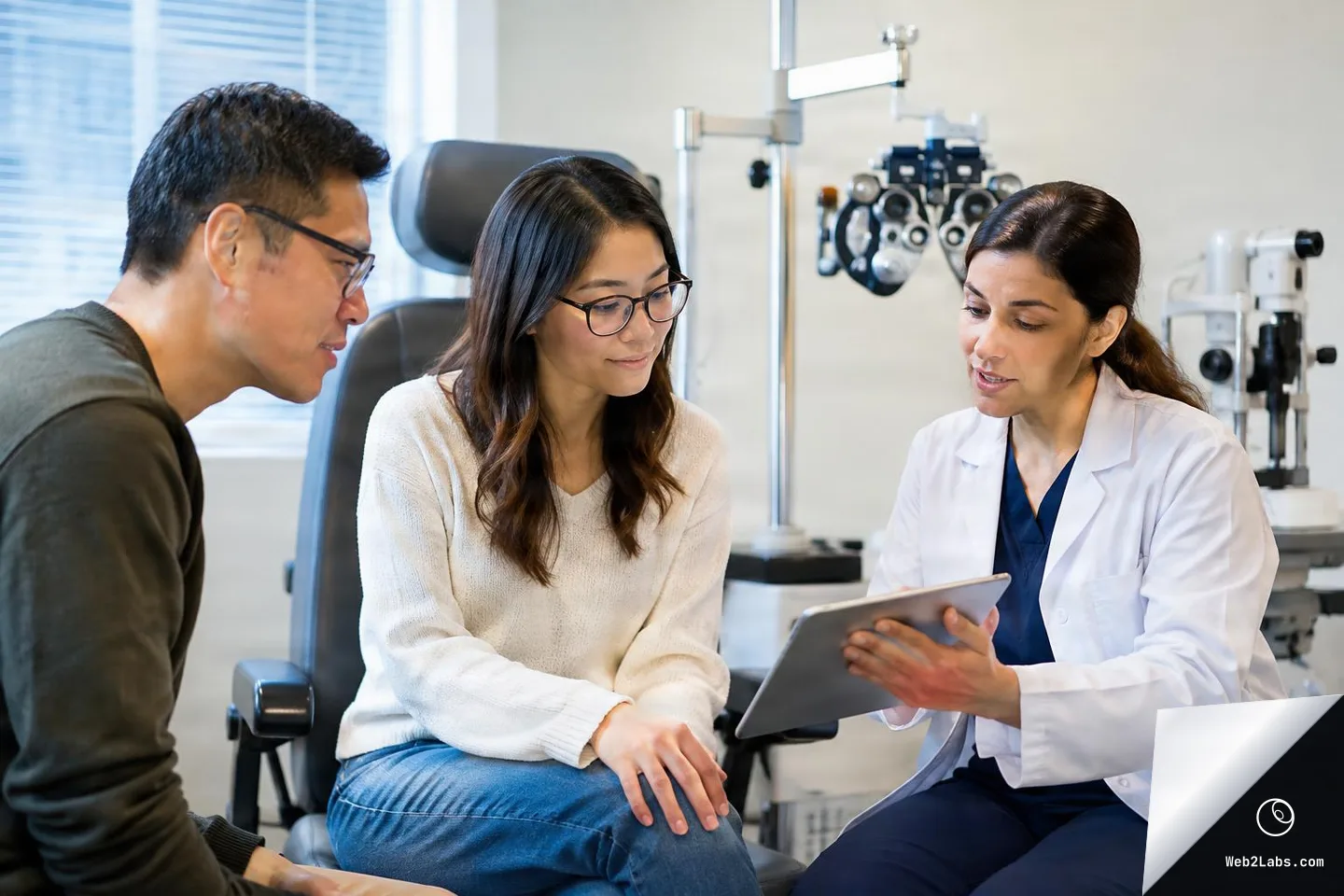 An optometrist in a white coat discusses information on a tablet with two patients seated in an eye exam room, with a phoropter and slit-lamp equipment in the background.