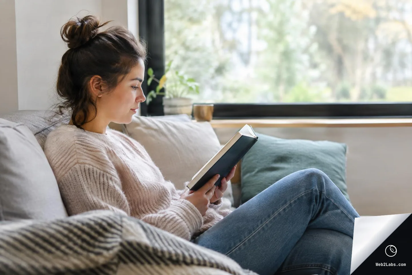 Side view of a woman sitting on a sofa by a window, reading a hardcover book in natural daylight.