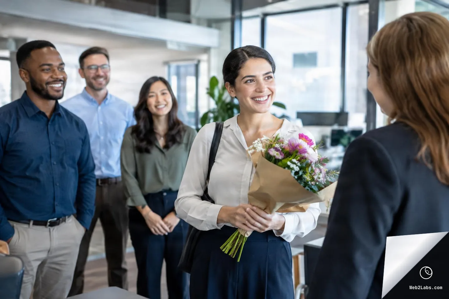 Smiling woman holding a bouquet of flowers in a modern office while three coworkers stand behind her and she speaks to another woman in the foreground.