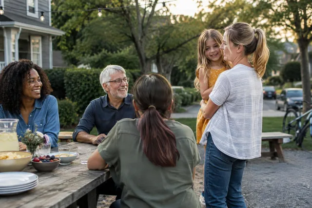 Neighbors Chatting at Outdoor Table