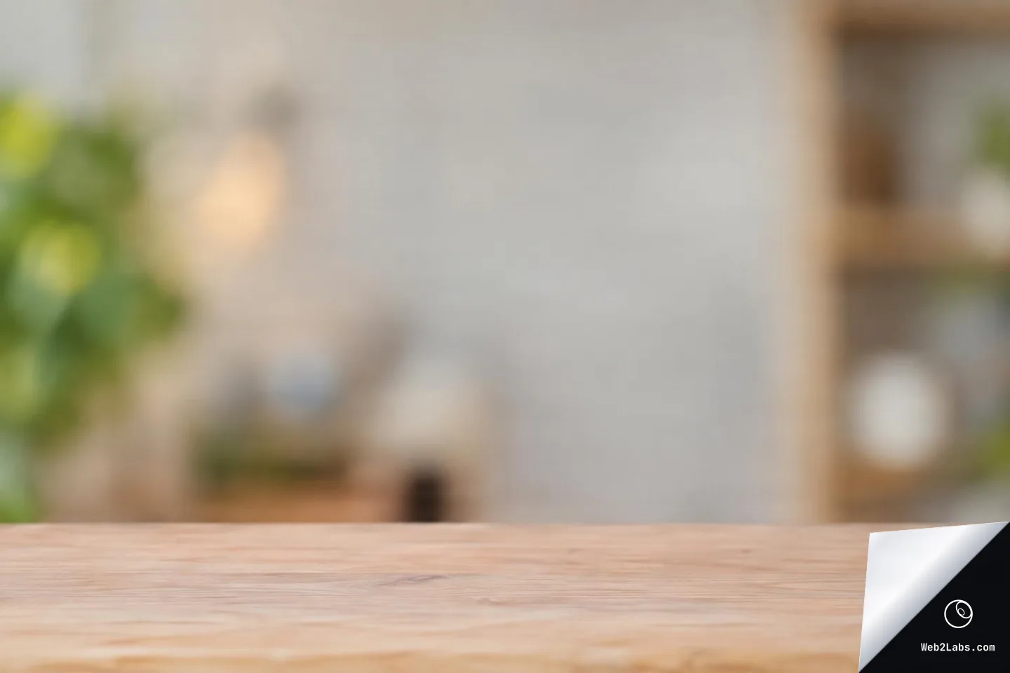 Empty wooden tabletop with a blurred indoor background featuring soft warm light and indistinct plants and shelving, leaving open space above the surface.