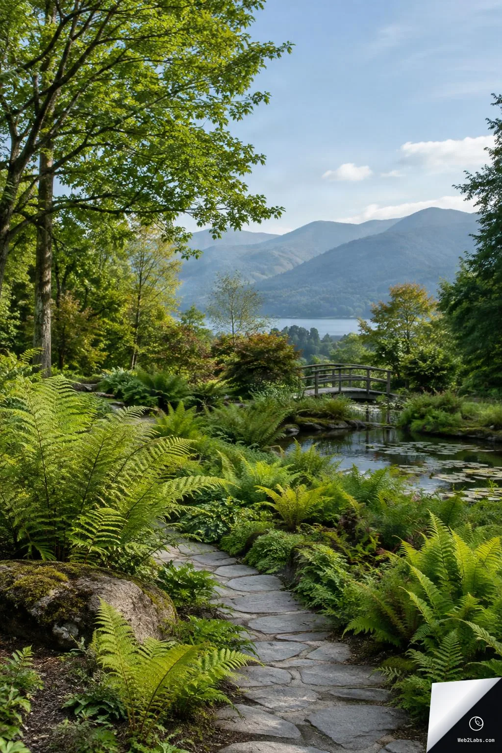 Stone path winding through dense green ferns toward a pond with lily pads and a small arched footbridge, with mountains and blue sky in the background.