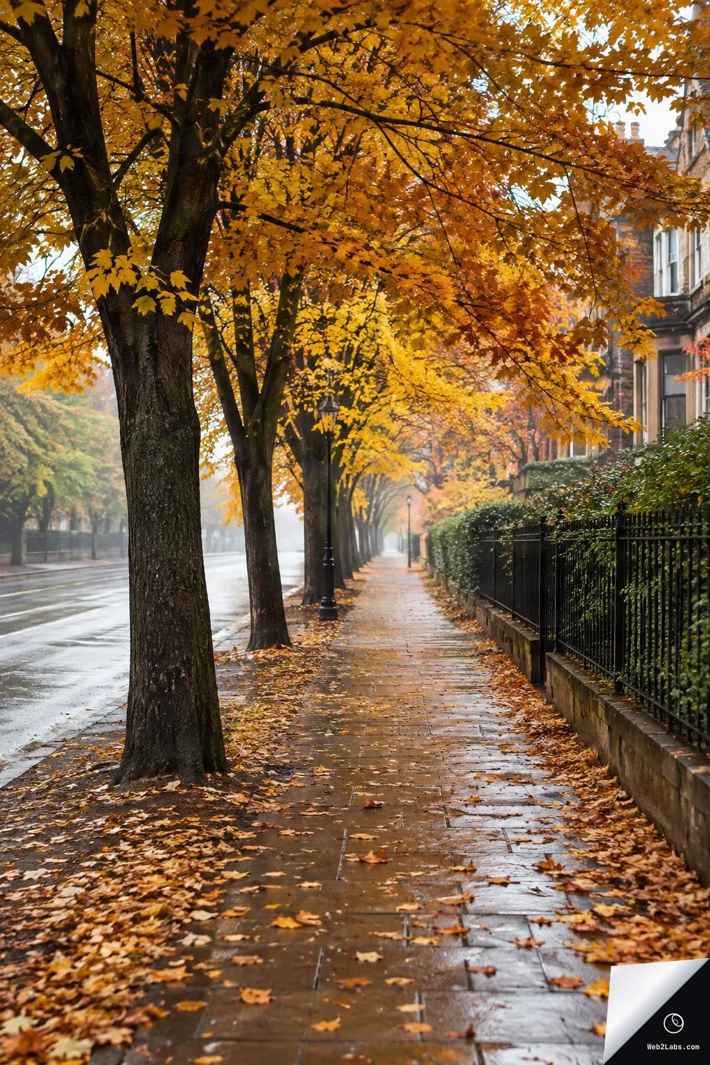 Empty city sidewalk on a rainy day with tall tree trunks and bright orange-yellow autumn leaves overhead, wet pavement covered in fallen leaves, and a fence and buildings along the right side.