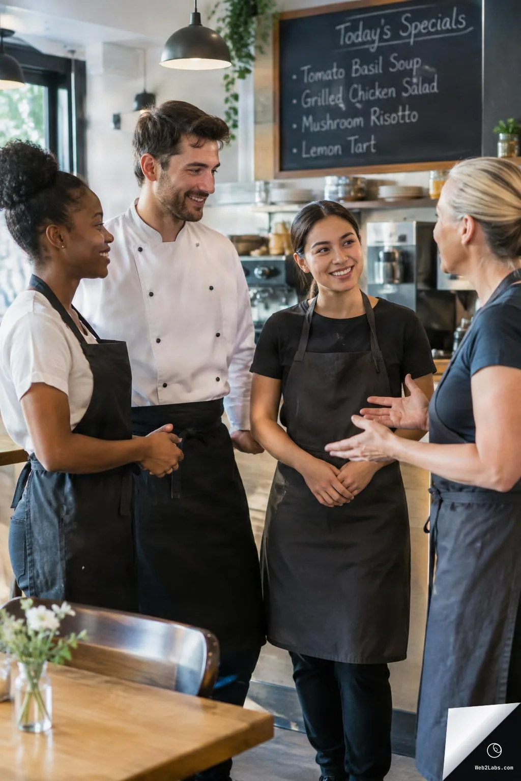 Four restaurant staff members in aprons and a chef coat talk together in a bright café kitchen, with a chalkboard showing today's specials in the background.