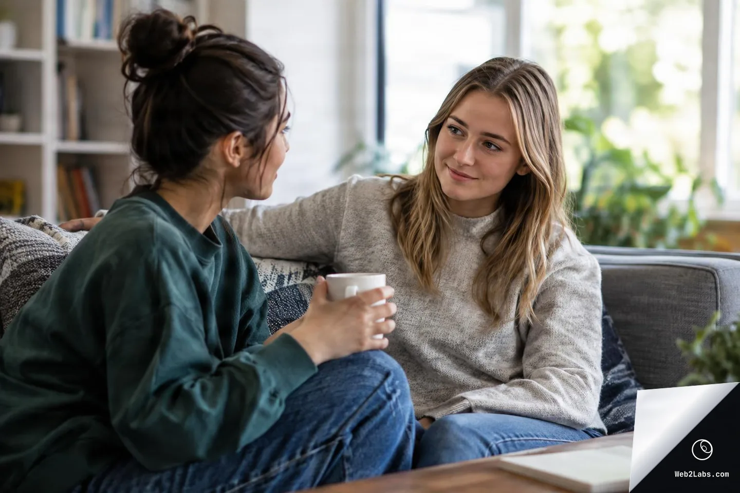Two young women sit on a couch in a bright living room, facing each other in conversation while one holds a white mug; a notebook rests on the coffee table in the foreground.