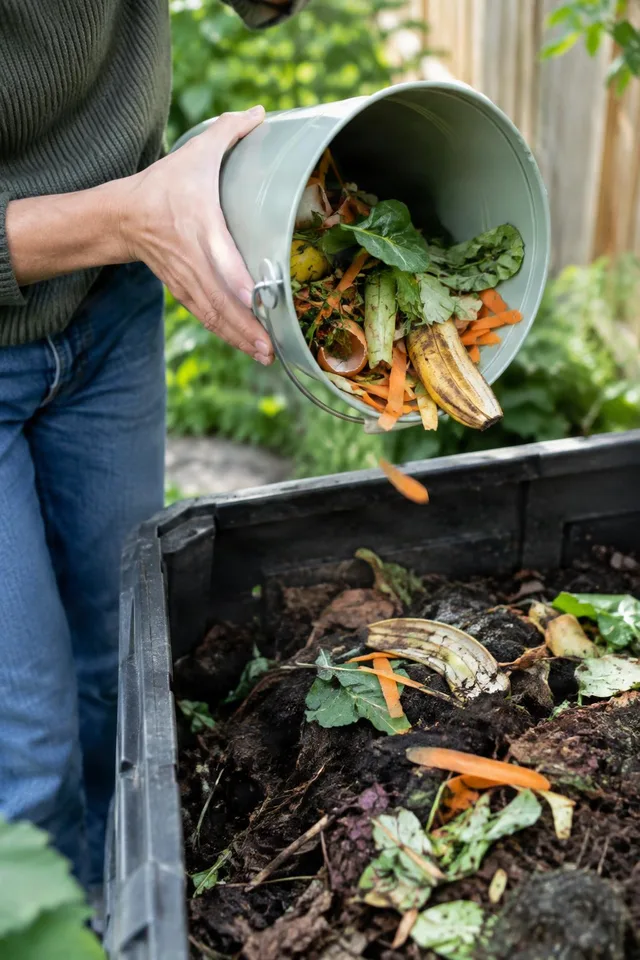 Adding Kitchen Scraps to Compost Bin