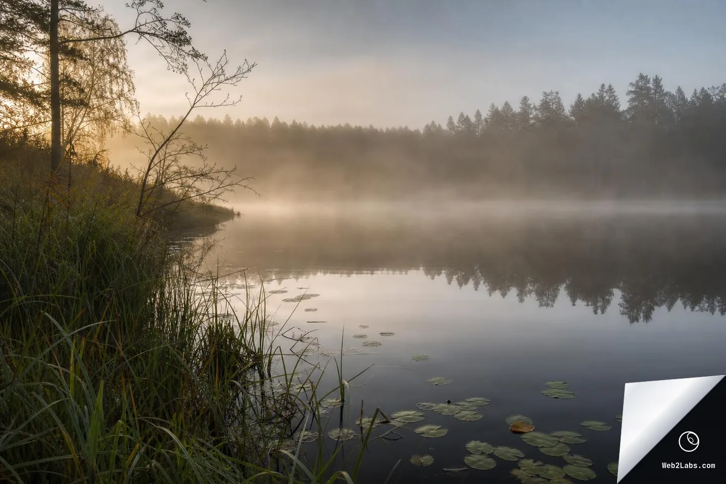 Fog drifts over a calm lake at sunrise, with reeds and lily pads in the foreground and a distant tree line silhouetted in soft morning light.