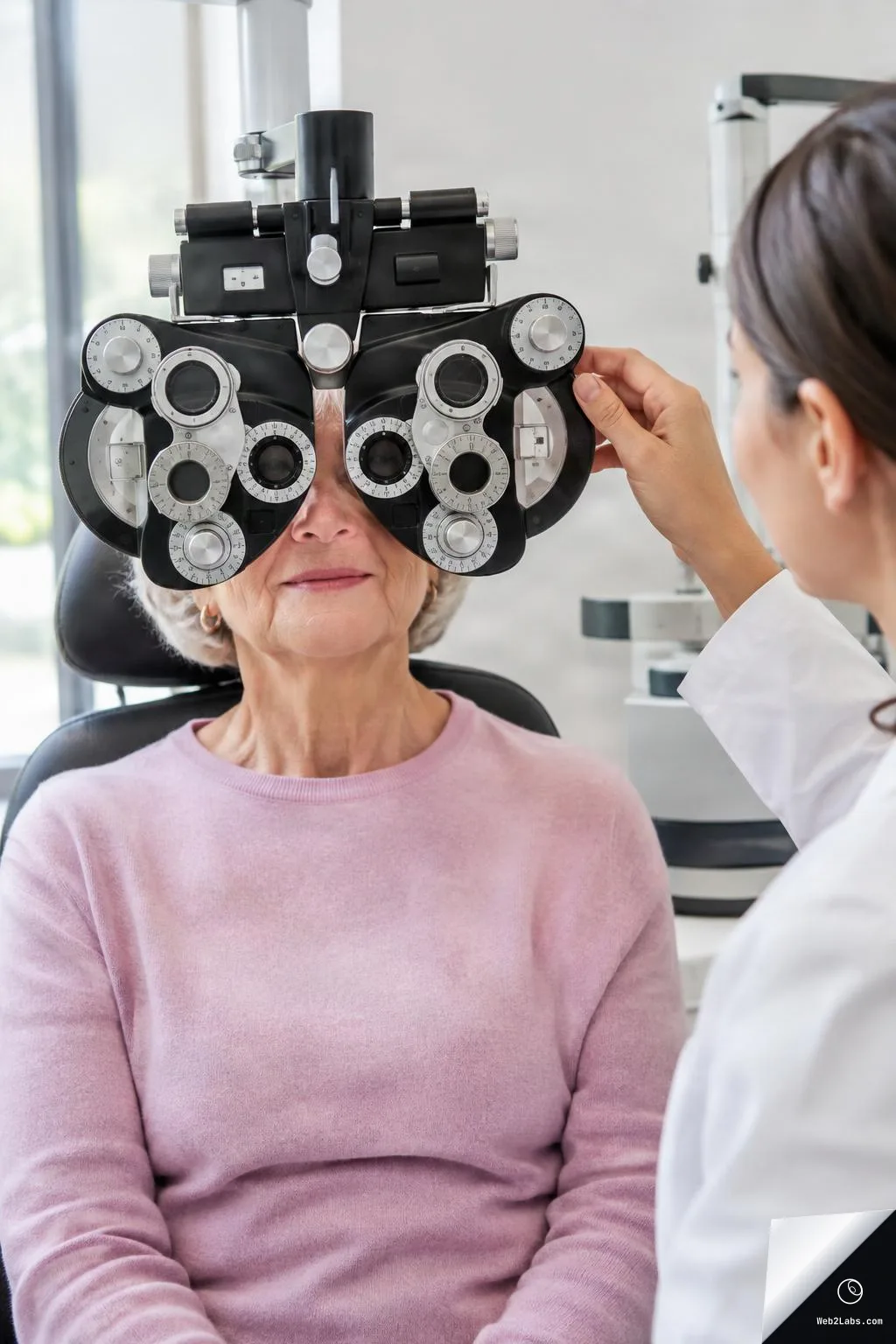 Older woman sitting in an optometrist chair wearing a phoropter while a clinician adjusts it during an eye exam in a bright clinic.