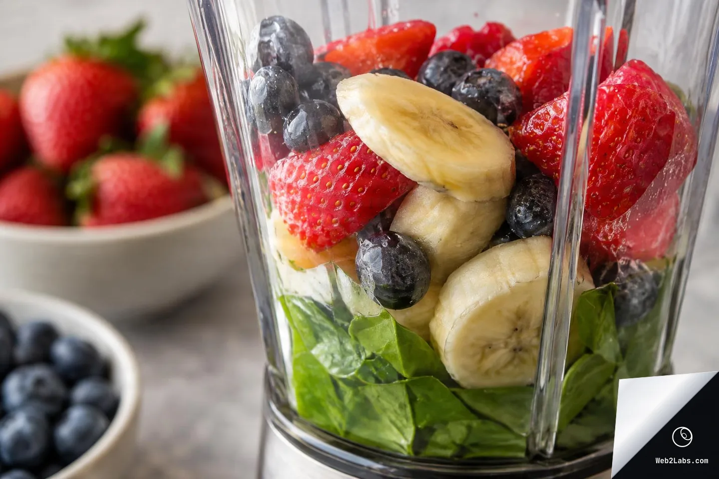 Close-up of a blender container packed with strawberries, banana slices, blueberries, and spinach leaves, with bowls of berries blurred in the background.