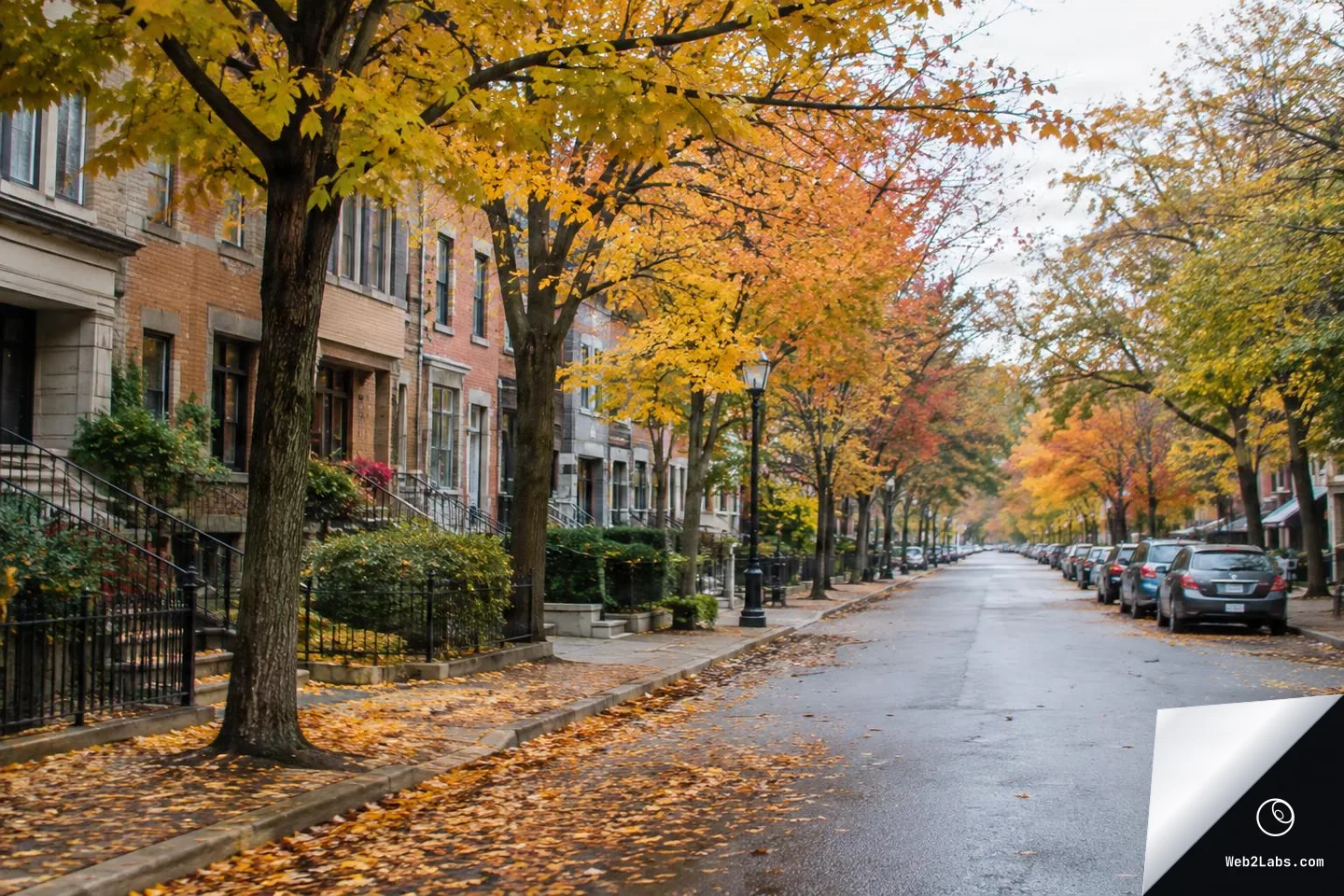 Tree-lined residential street in autumn with yellow and orange leaves, row houses on the left, parked cars on the right, and fallen leaves scattered along the curb under overcast light.