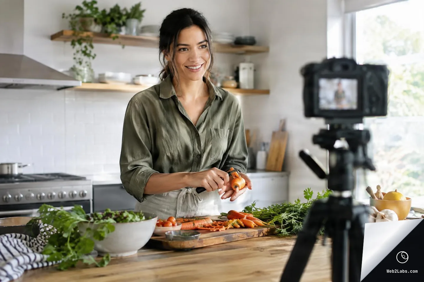 Smiling woman in a home kitchen peels a carrot at a wooden counter while a DSLR camera on a tripod records in the foreground; fresh carrots, herbs, and vegetables are spread on the counter.