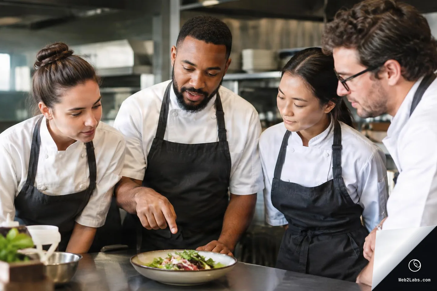 Four chefs in aprons stand at a stainless-steel prep counter, looking down at a plated salad while one chef points at the dish in a commercial kitchen.