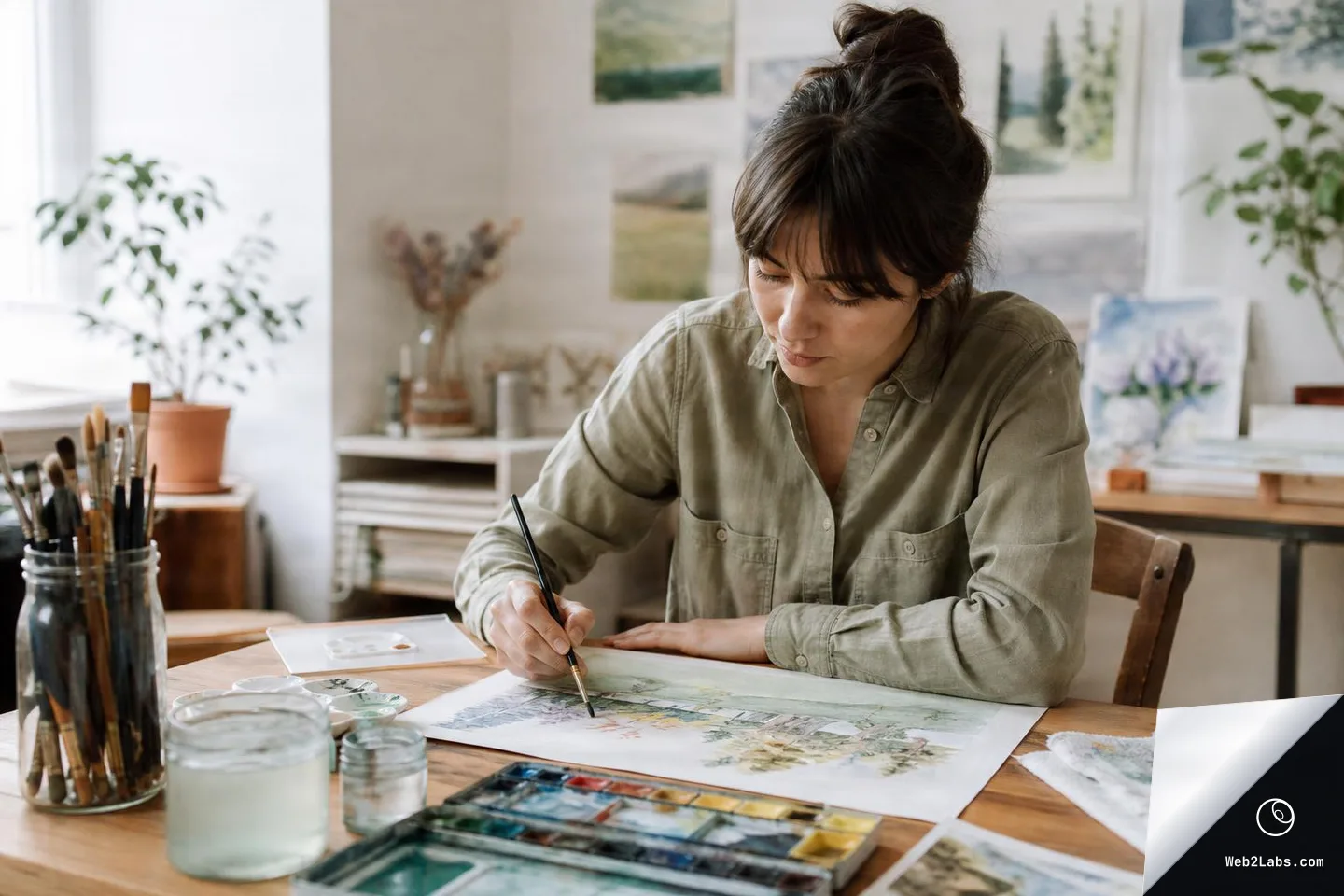 Woman painting a watercolor landscape at a wooden table with a brush in hand, with a watercolor palette, jars of water, and a jar of brushes on the table in a bright studio.
