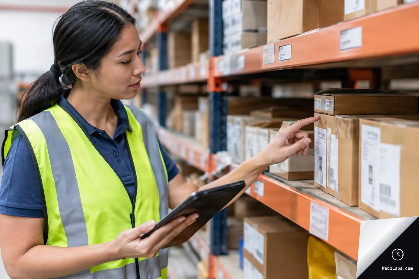 Warehouse worker in a high-visibility vest checks a labeled cardboard box on a shelf while holding a tablet.
