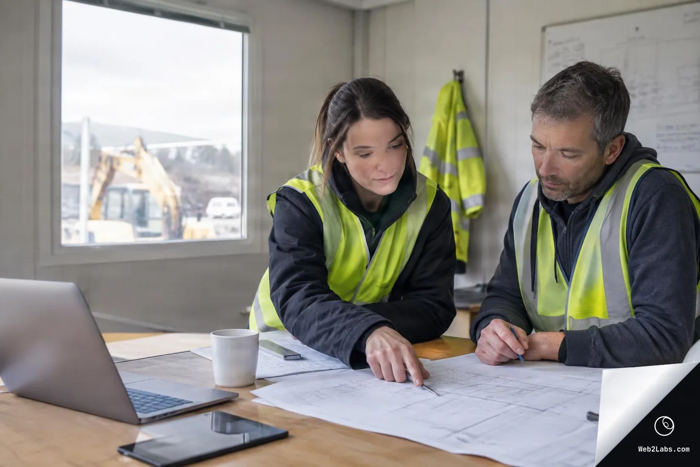 Two construction workers in high-visibility vests sit at a table in a site office reviewing large blueprint sheets, with a laptop, coffee mug, tape measure, and hard hat on the desk and an excavator seen through the window.