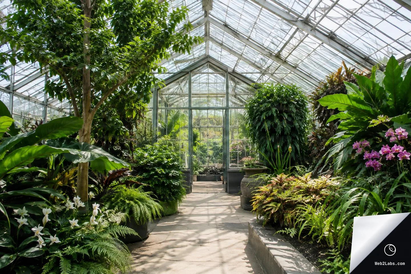 Interior of a glass greenhouse with a central paved path leading to a doorway, surrounded by lush tropical plants, ferns, and pink and white flowers in bright daylight.